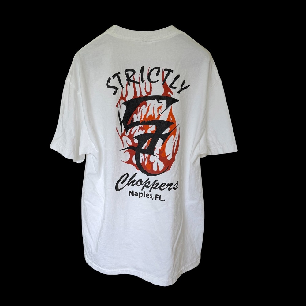 Y2K Vintage Strictly Choppers Naples FL T-Shirt White XL Flames Biker Skulls